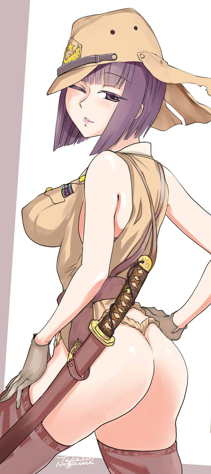 1girl, ass, bob_cut, breasts, character_request, female_focus, gloves, hand_on_own_hip, hat, highres, large_breasts, looking_at_viewer, moeyo!_sensha_gakkou, nogami_takeshi, one_eye_closed, purple_eyes, purple_hair, short_hair, solo, sword, thighhighs, weapon