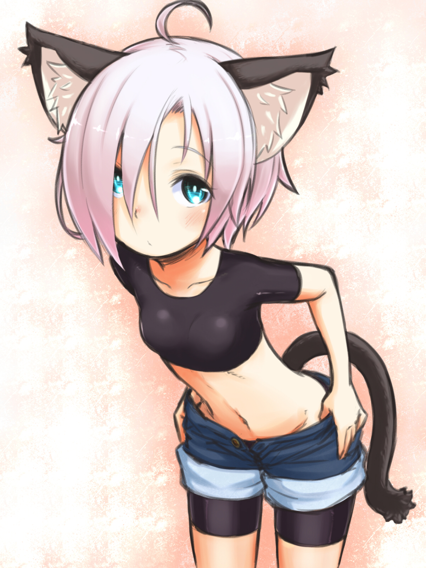 1girl, ahoge, animal_ears, aqua_eyes, bike_shorts, cat_ears, cat_tail, cowboy_shot, crop_top, denim, denim_shorts, female_focus, hair_over_one_eye, highres, leaning_forward, looking_at_viewer, midriff, motorii, navel, open_fly, original, pink_hair, short_hair, shorts, solo, tail, undressing, unzipped
