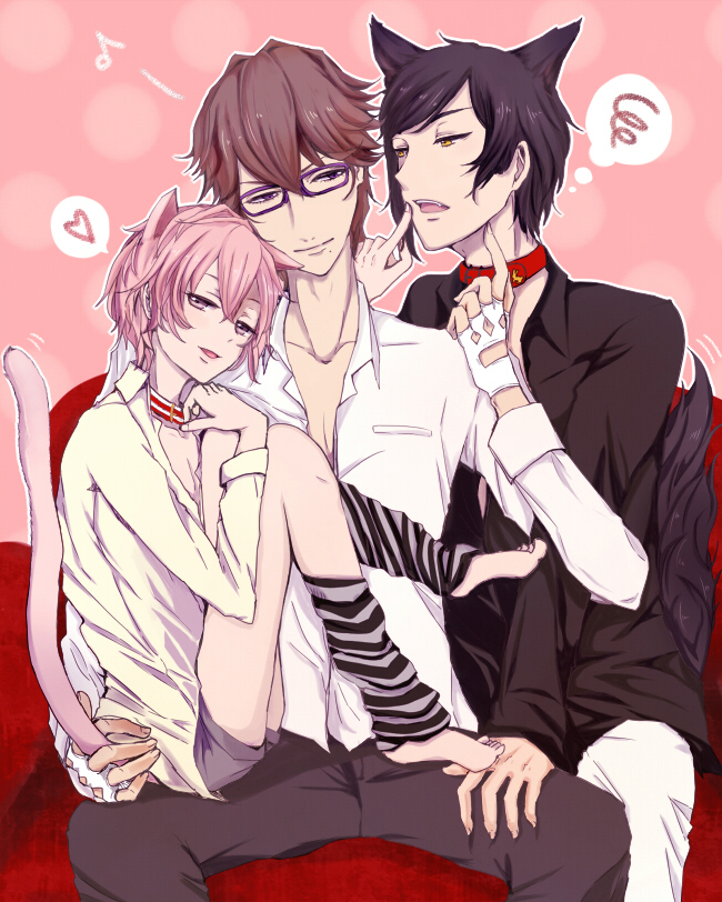 10s, 3boys, animal_ears, black_hair, brown_hair, cat_boy, cat_ears, cat_tail