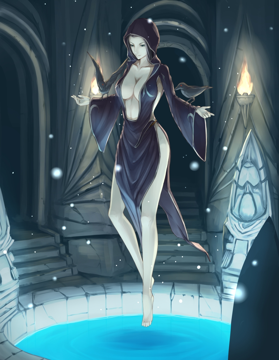 1girl, bird, black_hair, breasts, cleavage, crow, female_focus, floating, green_eyes, highres, hood, indoors, large_breasts, legs, massive_kagawa, nocturnal, robe, side_slit, solo, the_elder_scrolls, the_elder_scrolls_v:_skyrim, water