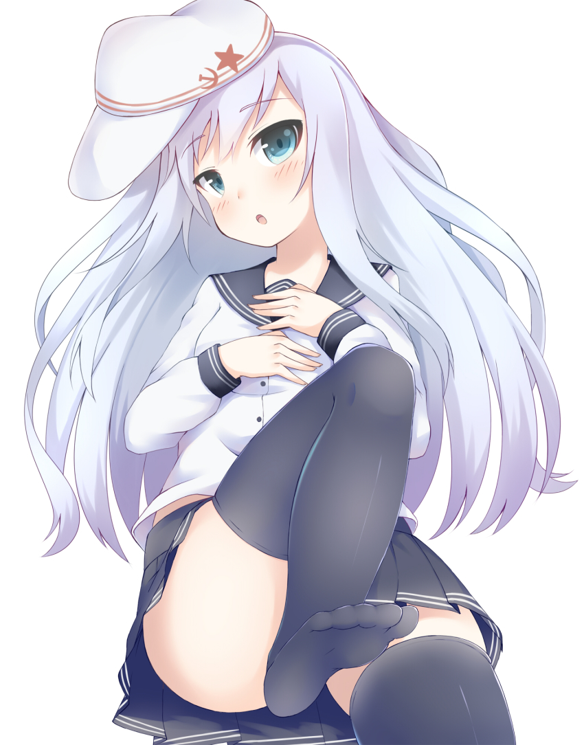 10s, 1girl, aqua_eyes, feet, female_focus, hammer_and_sickle, hat, hibiki_(kancolle)