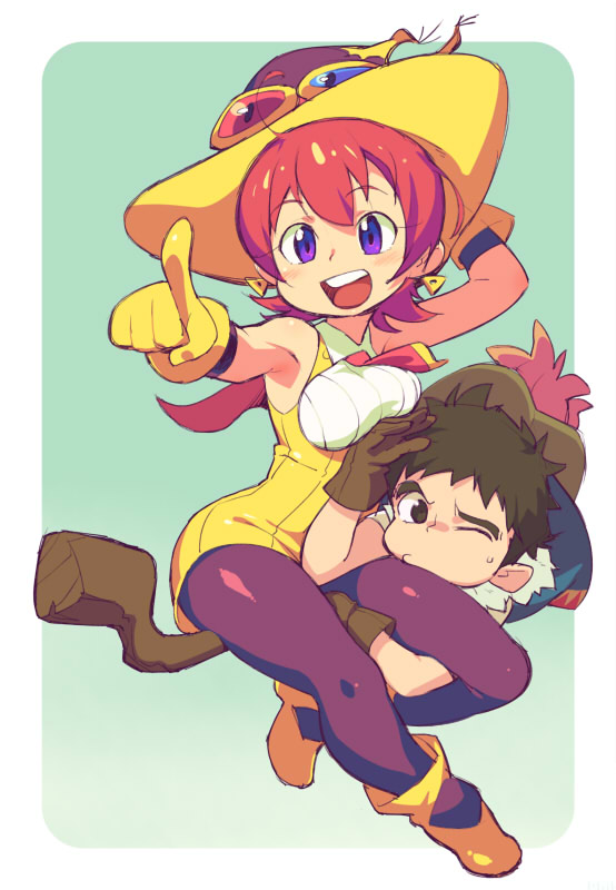 1girl, black_pantyhose, boots, broom, broom_riding, dress, earrings, feylin, gloves, hagan, hat, jewelry, om_(nk2007), pantyhose, purple_eyes, red_hair, short_dress, short_hair, tanken_driland, witch, witch_hat, yellow_dress