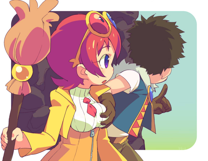 1girl, broom, dress, feylin, grabbing_another's_breast, groping, hagan, om_(nk2007), purple_eyes, red_hair, short_hair, tanken_driland, witch