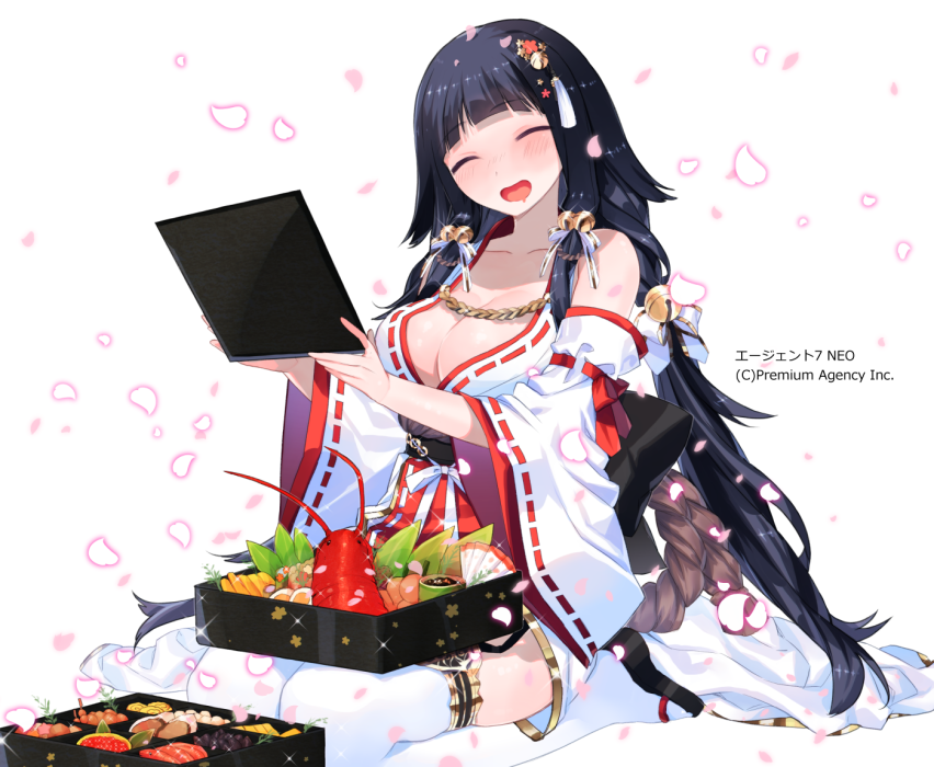 1girl, :d, ^_^, agent_7, bad_id, bad_pixiv_id, bell, bento, black_hair, blush, breasts, cleavage, closed_eyes, detached_sleeves, donacoo, drooling, female_focus, food, hair_bell, hair_ornament, japanese_clothes, jingle_bell, large_breasts, long_hair, miko, obi, official_art, open_mouth, original, petals, ribbon-trimmed_sleeves, ribbon_trim, sash, sidelocks, simple_background, smile, solo, thighhighs, very_long_hair, white_background, white_thighhighs, yuuhi_homare