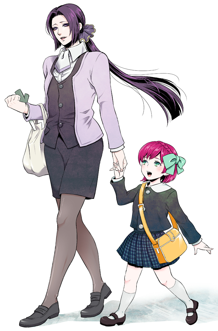 1boy, 1girl, age_difference, akechi_mitsuhide_(sengoku_musou), bad_id, bad_pixiv_id, black_socks, crossdressing, father_and_child, father_and_daughter, full_body, gracia_(sengoku_musou), green_eyes, height_difference, holding_hands, kneehighs, long_hair, mary_janes, mothica, pantyhose, parent_and_child, pencil_skirt, plaid_clothes, plaid_skirt, pleated_skirt, purple_hair, red_hair, sengoku_musou, shoes, short_hair, skirt, socks, spring_onion, trap