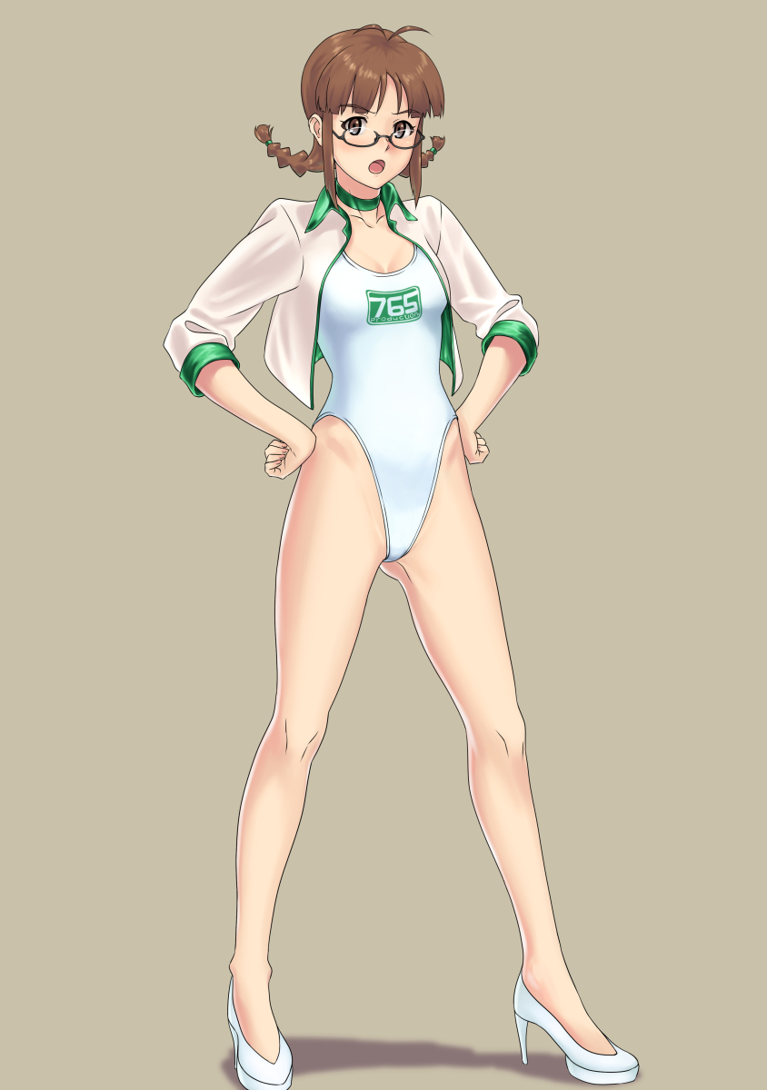 1girl, akizuki_ritsuko, blush, braid, breasts, brown_eyes, brown_hair, choker, female_focus, full_body, glasses, high_heels, highleg, highleg_one-piece_swimsuit, highres, idolmaster, idolmaster_(classic), jacket, kaimu_(pixiv), kaimuu_(fahrenheit724), looking_at_viewer, one-piece_swimsuit, open_mouth, race_queen, short_hair, small_breasts, solo, swimsuit, twin_braids