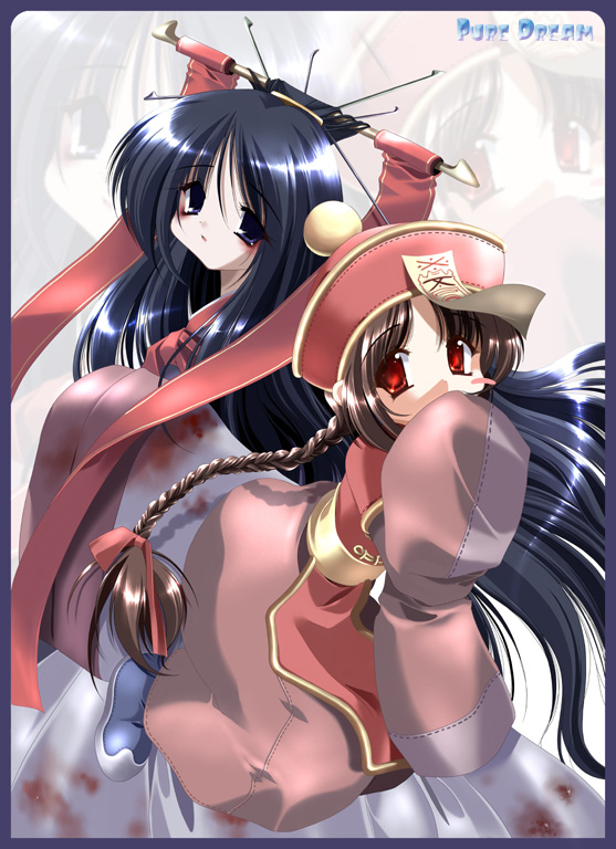 2girls, black_hair, blood, blue_eyes, blush, braid, demon, emily_(pure_dream)