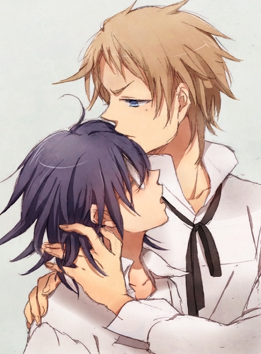 00s, 2boys, blush, brown_hair, elliot_nightray, kissing_forehead, glasses, grey_background