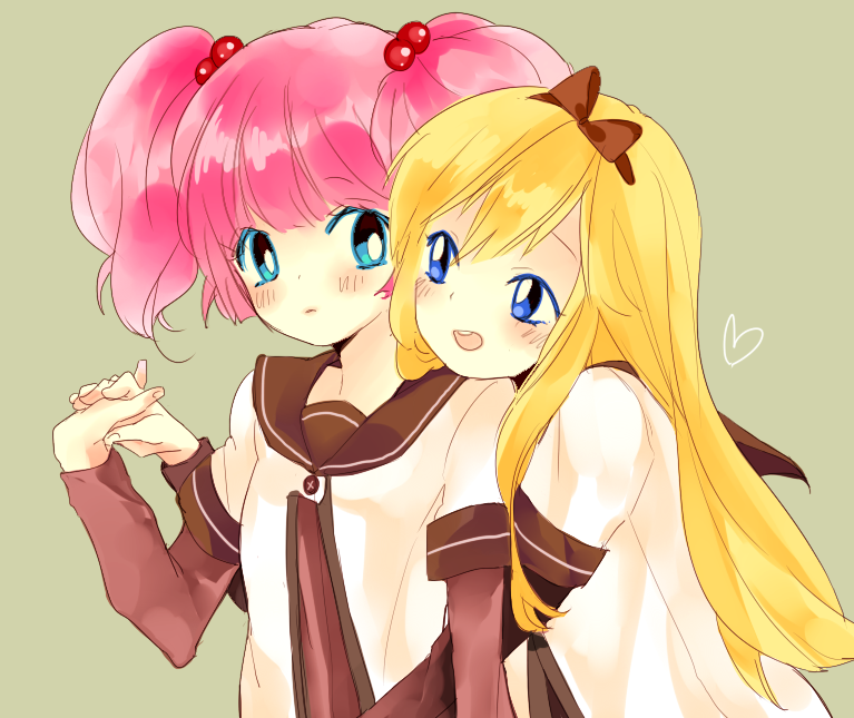 2girls, bad_id, bad_pixiv_id, blonde_hair, blue_eyes, dodam_v, dress, heart