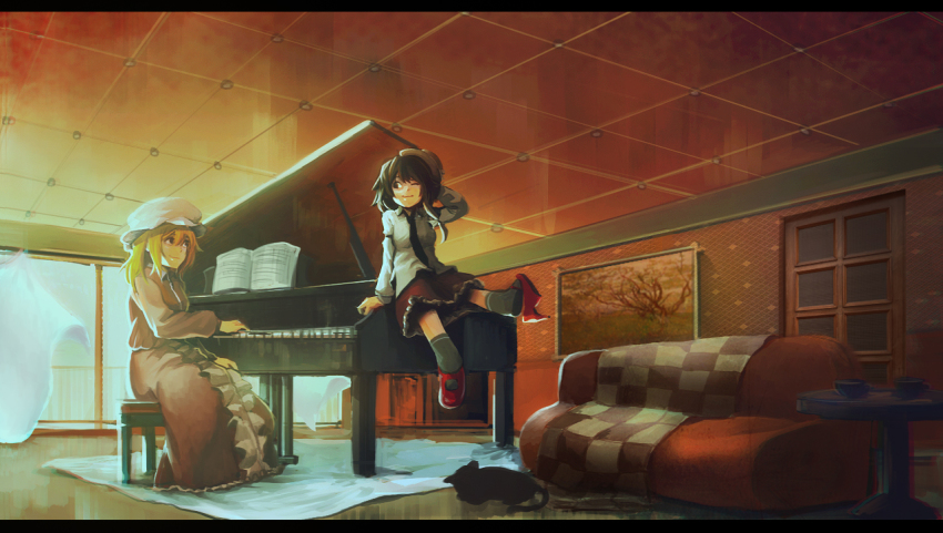 2girls, blonde_hair, blue_eyes, bow, brown_eyes, brown_hair, cat, ceiling