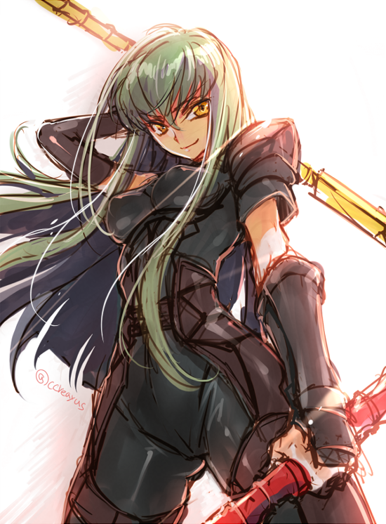 1girl, bodysuit, c.c., code_geass, cosplay, creayus, diarmuid_ua_duibhne_(fate), diarmuid_ua_duibhne_(lancer)_(fate), diarmuid_ua_duibhne_(lancer)_(fate)_(cosplay), dual_wielding, fate/zero, fate_(series), female_focus, gauntlets, green_hair, holding, polearm, solo, spear, weapon, yellow_eyes