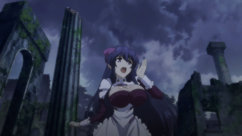 10s, 1girl, :o, animated, animated_gif, anime_screenshot, apron, blue_eyes, blue_hair, bouncing_breasts, bow, breasts, cleavage, cleavage_cutout, clenched_hand, clothing_cutout, cloud, cloudy_sky, cowboy_shot, female_focus, frilled_apron, frills, from_below, hair_between_eyes, hair_bow, hand_up, high_ponytail, large_breasts, long_hair, long_sleeves, looking_afar, looking_to_the_side, lowres, maid, maid_apron, matching_hair/eyes, moss, open_mouth, outdoors, pillar, ponytail, primrose_shelley, ruins, running, seikoku_no_dragonar, shouting, shouting_with_hands, sidelocks, sky, sleeve_cuffs, solo, turtleneck, very_long_hair, white_apron
