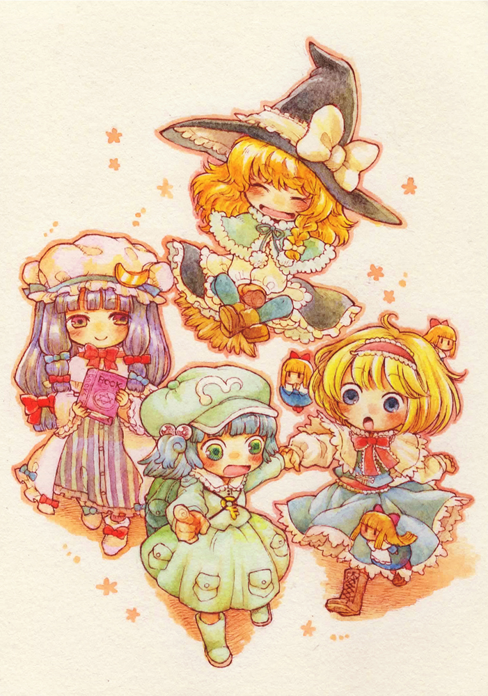 4girls, alice_margatroid, backpack, bag, blonde_hair, blue_eyes, blue_hair, book