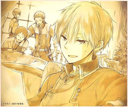 1girl, 3boys, akagami_no_shirayukihime, kiki_(akagami_no_shirayukihime), kiki_seiran, mitsuhide_(akagami_no_shirayukihime), mitsuhide_lowen, monochrome