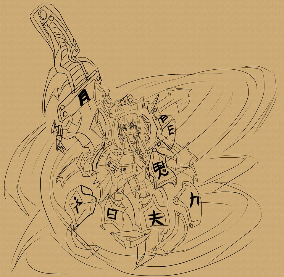 1girl, armor, female_focus, mikan_no_mikoto(chatacter), mikan_susano_o, monochrome, original, sample_watermark