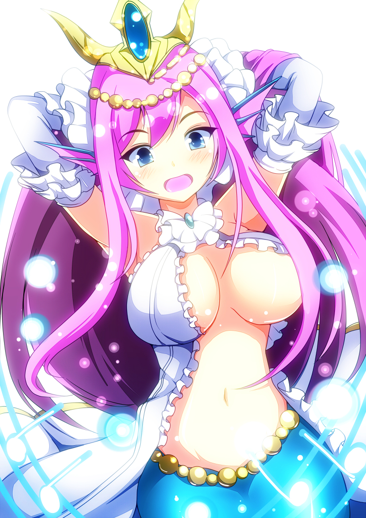 1girl, armpits, arms_behind_head, arms_up, bead_band, beads, blue_eyes, blush, breasts, cleavage, elbow_gloves, female_focus, fins, fish_tail, frilled_gloves, frills, gloves, head_fins, jewelry, large_breasts, long_hair, lots_of_jewelry, mermaid, merry_(diameri), midriff, monster_girl, navel, open_mouth, purple_hair, puzzle_&amp;_dragons, raised_eyebrows, simple_background, siren_(p&amp;d), solo, tail, tiara, white_background, white_gloves