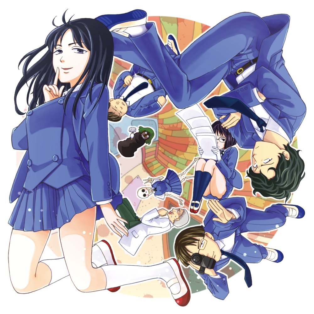 2girls, 3boys, black_hair, camera, glasses, kindaichi_shounen_no_jikenbo, lab_coat, long_hair, makabe_makoto, matoba_yuuichirou, multiple_boys, multiple_girls, necktie, onoue_takahiro, rogi_(igorok), saki_ryuuta, sakuragi_ruiko, school_uniform, short_hair, skirt, skull, takashima_tomoyo