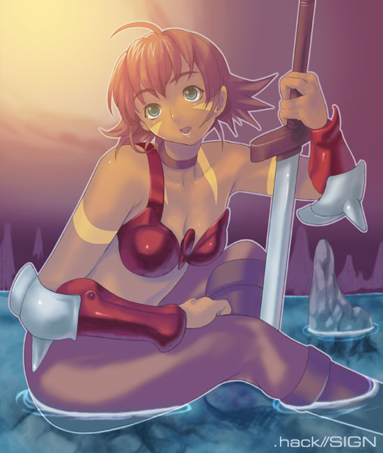 .hack//, .hack//sign, 00s, 1girl, armor, bandai, brown_hair, cyber_connect_2