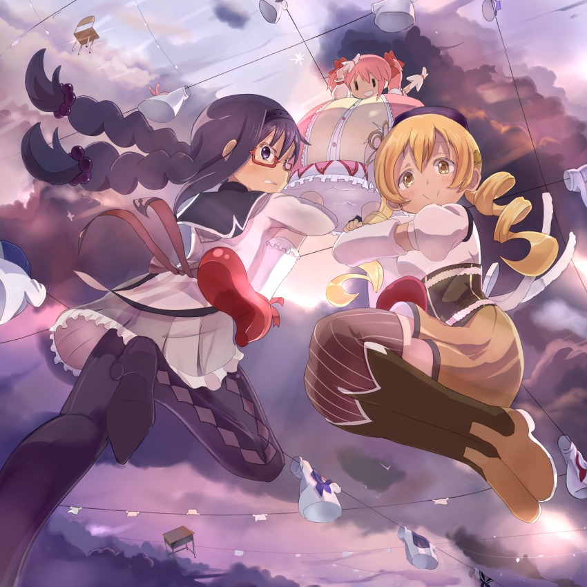 10s, 3girls, akemi_homura, akemi_homura_(magical_girl), beret, black_hair, blonde_hair, boots