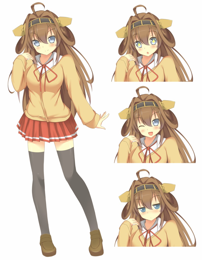 10s, 1girl, ahoge, alternate_costume, bad_id, bad_pixiv_id, blue_eyes, brown_hair, cardigan, multiple_expressions, female_focus, hairband, highres, kantai_collection, kongou_(kancolle), long_hair, nabu, nabu_(xday), one_eye_closed, school_uniform, skirt, smile, solo, thighhighs
