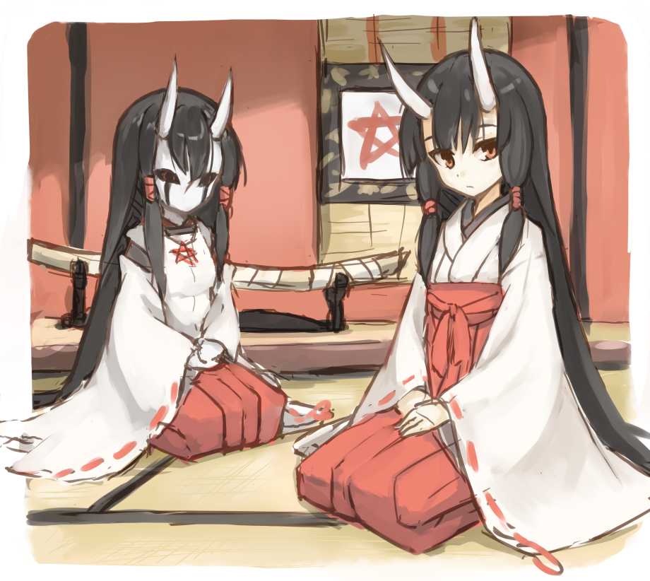 2girls, black_hair, black_sclera, border, colored_sclera, demon_girl, hair_tubes, hakama