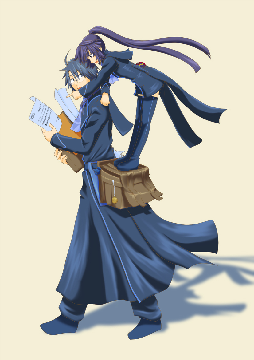 10s, 1boy, 1girl, akatsuki_(log_horizon), blue_boots, blue_hair, blue_legwear, boots, glasses, kiyu-hm, kiyuma_shidehi, log_horizon, long_coat, long_hair, ponytail, purple_hair, shiroe_(log_horizon), short_hair, smile
