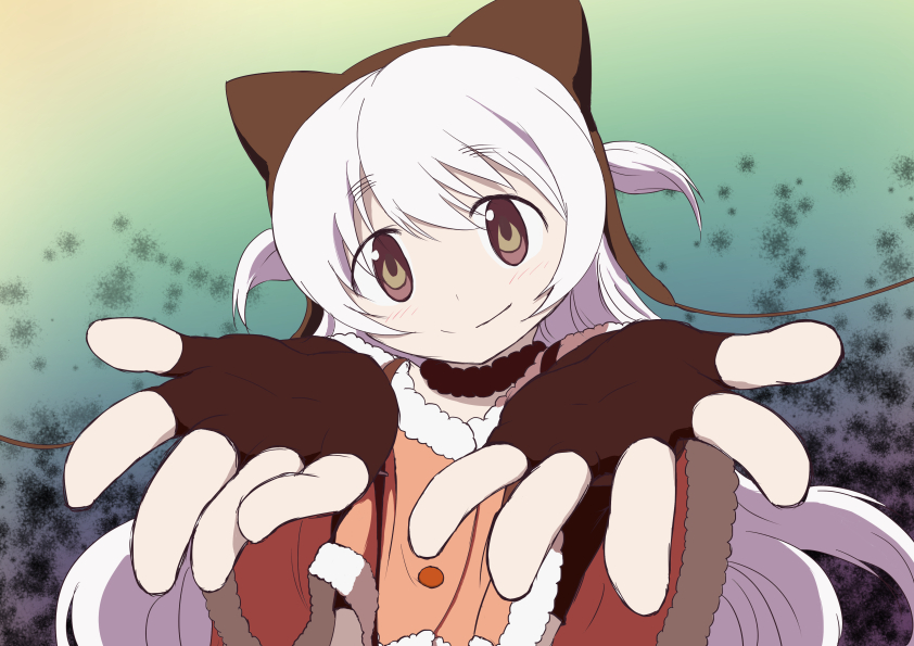 10s, 1girl, bag, capelet, child, choker, female_focus, fingerless_gloves, fur_trim, gloves, hat, long_hair, magical_girl, mahou_shoujo_madoka_magica, mahou_shoujo_madoka_magica:_hangyaku_no_monogatari, momoe_nagisa, momoe_nagisa_(magical_girl), multicolored_eyes, outstretched_arms, red_eyes, smile, solo, two_side_up, white_hair, yellow_eyes, yukimura_kaname