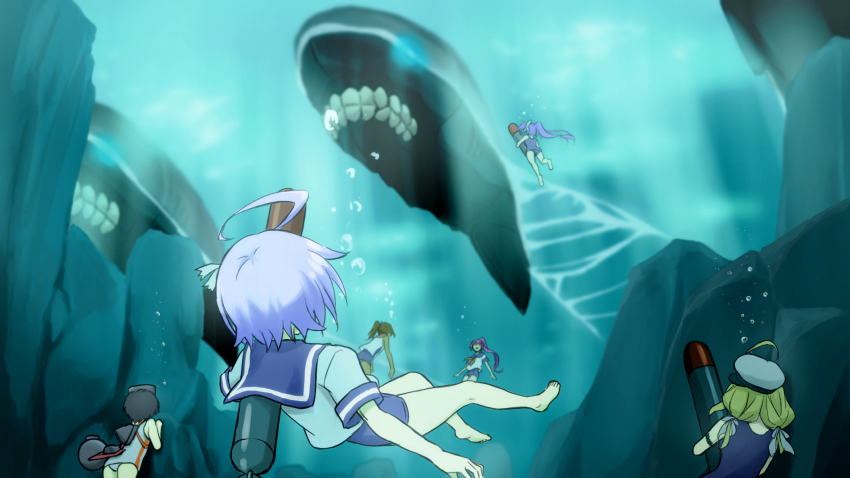 02akst, 10s, 6+girls, abyssal_ship, ahoge, barefoot, black_hair, blonde_hair