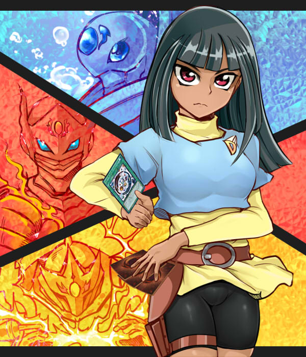 1girl, bike_shorts, black_hair, card, dark-skinned_female, dark_skin, duel_monster, female_focus, gem-knight_garnet, gem-knight_sapphire, gem-knight_tourmaline, kotsu_masumi, long_hair, nasuka@hiyokko, red_eyes, solo, tenpester, yu-gi-oh!, yu-gi-oh!_arc-v