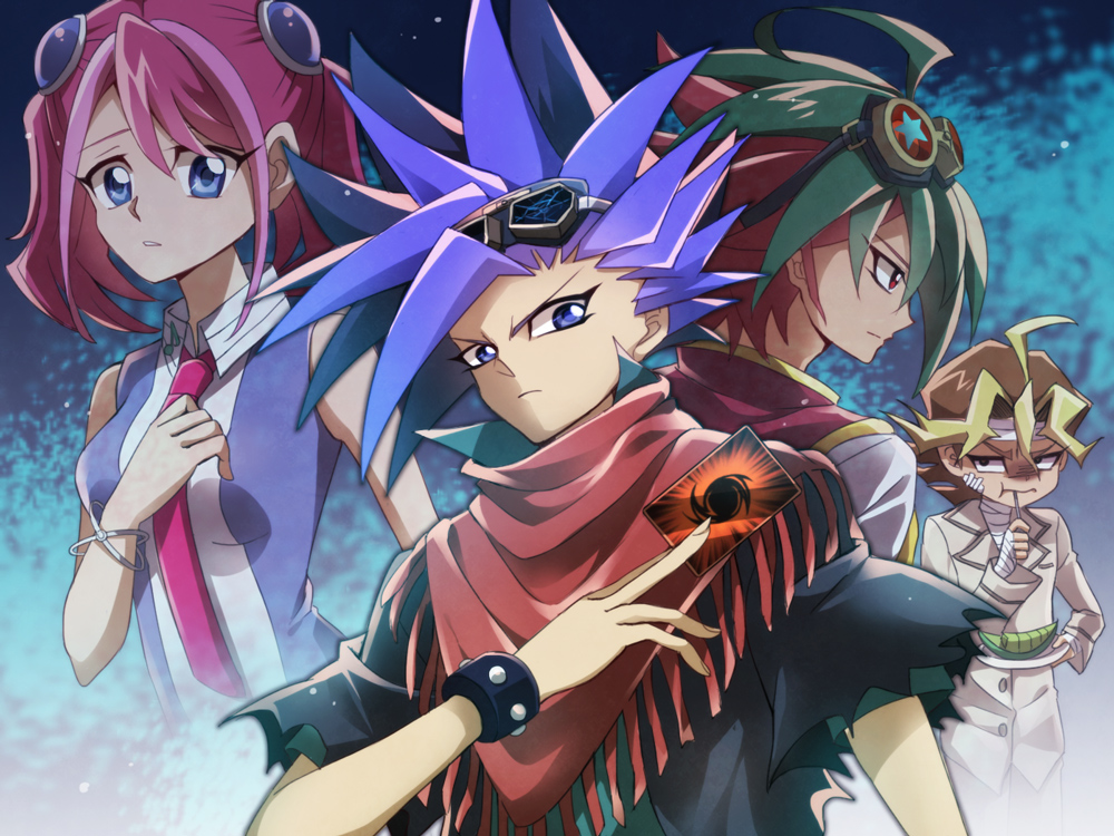 1girl, 3boys, ahoge, bandages, blonde_hair, blue_eyes, bracelet, brown_hair