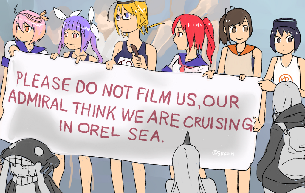 6+girls, abyssal_ship, backpack, bag, banner, black_hair, blonde_hair, blue_eyes