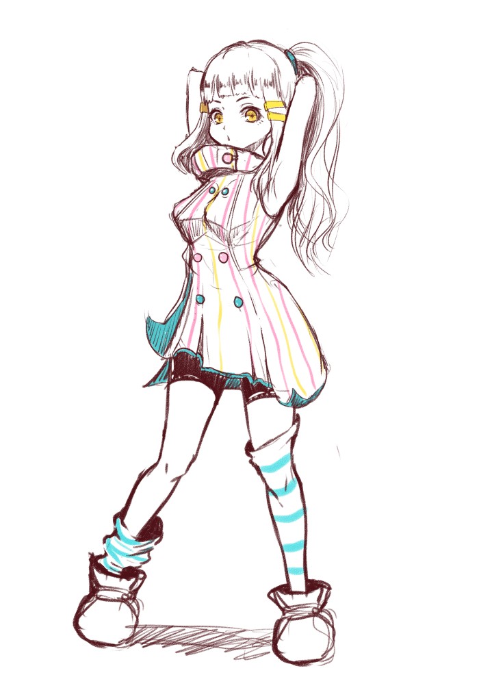 1girl, ankle_boots, armpits, arms_behind_head, bare_shoulders, bike_shorts, black_shorts, blunt_bangs