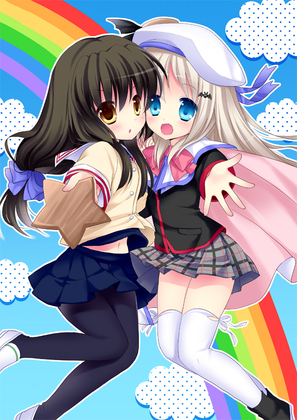00s, 2girls, black_hair, black_legwear, blonde_hair, blue_eyes, brown_eyes, cape