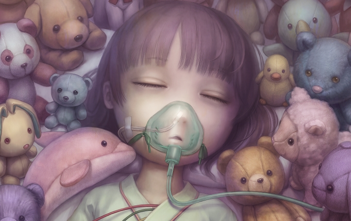 1girl, brown_hair, closed_eyes, daiyou-uonome, female_focus, hospital_gown, mask, mouth_mask
