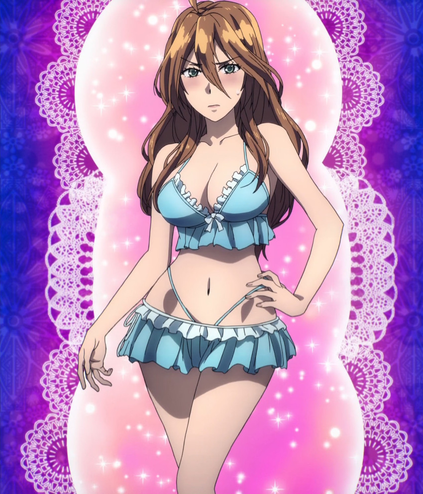 10s, 1girl, bikini, blush, bokura_wa_minna_kawaisou, breasts, brown_hair, cleavage, frilled_bikini, frills, hand_on_own_hip, highres, large_breasts, long_hair, nishikino_mayumi, stitched, swimsuit, tagme, third-party_edit