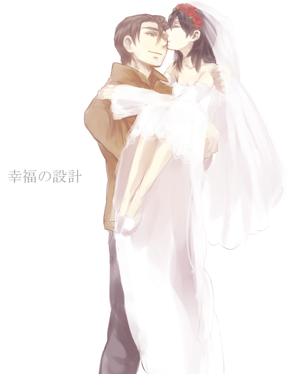 1boy, 1girl, a_wil, a_will, age_difference, bare_shoulders, black_hair, bridal_veil