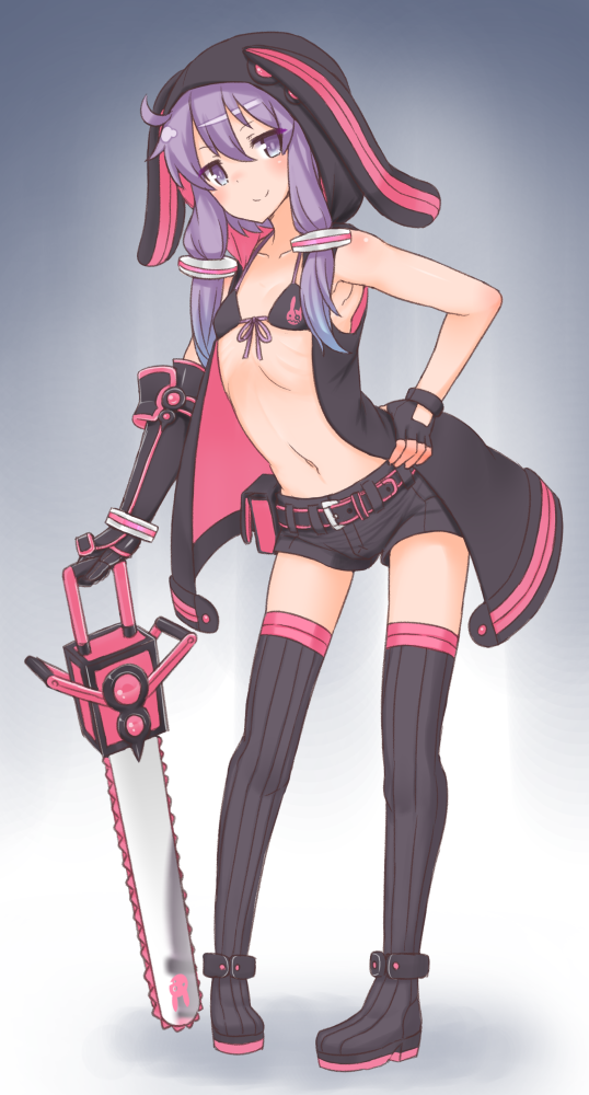 1girl, animal_hood, blush, chainsaw, female_focus, fingerless_gloves, front-tie_top, gloves