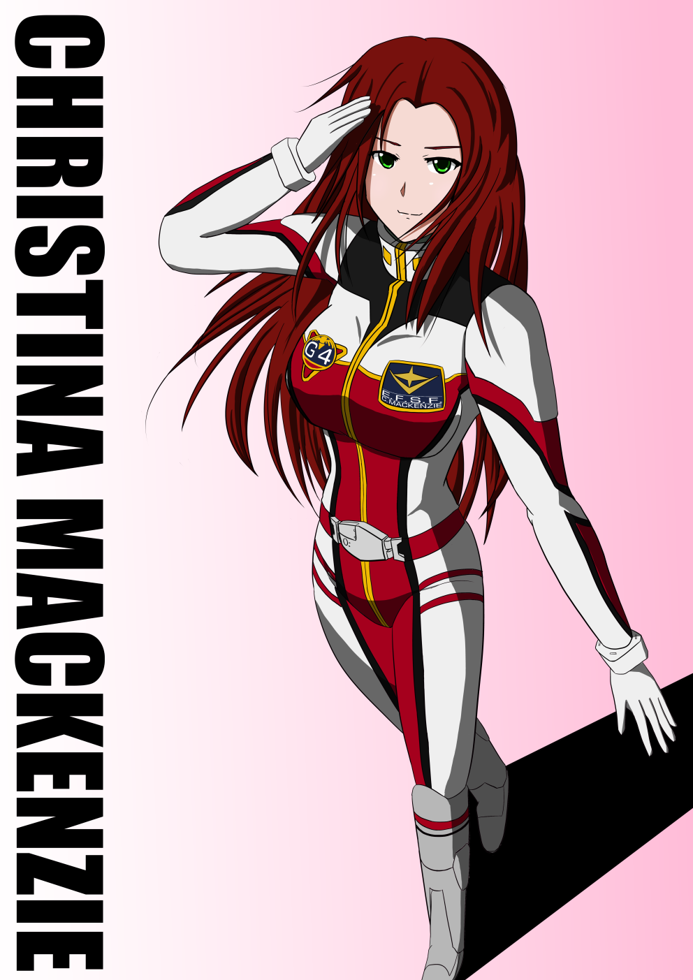 1980s_(style), 1girl, character_name, christina_mackenzie, female_focus, green_eyes, gundam, gundam_0080, highres, long_hair, majikaru_bushi, mecha_pilot_suit, normal_suit_(gundam), oldschool, pilot_suit, red_hair, retro_artstyle, solo