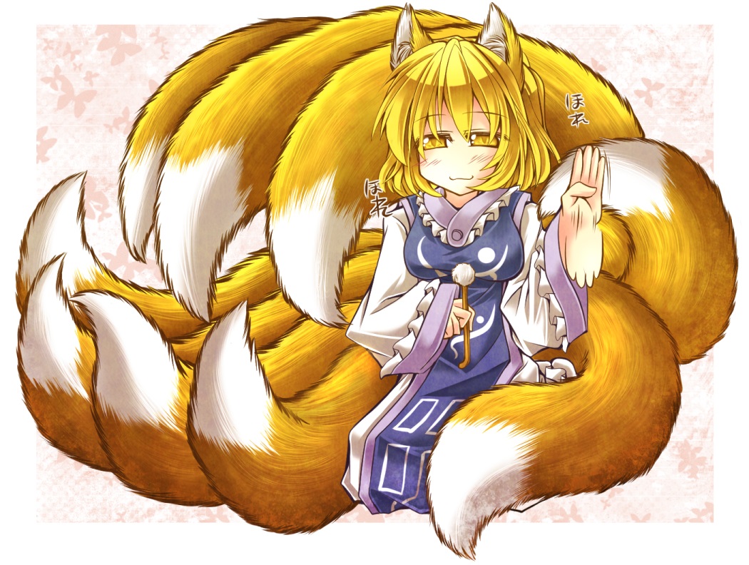 1girl, animal_ears, beckoning, blonde_hair, dress, fox_ears, fox_tail, long_sleeves