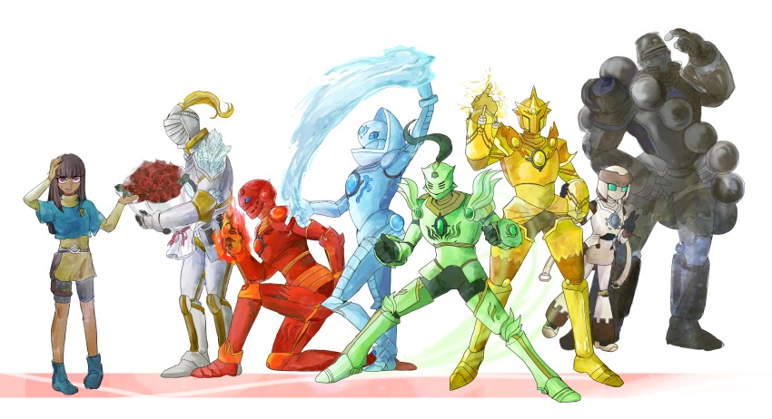 1girl, armor, beads, black_hair, blue_eyes, bouquet, crystal, dark_skin, duel_monster, fire, flower, gem, gem-knight_crystal, gem-knight_emerald, gem-knight_garnet, gem-knight_lazuli, gem-knight_obsidian, gem-knight_sapphire, gem-knight_tourmaline, green_eyes, highres, kotsu_masumi, long_hair, meiyagami, sweatdrop, v, water, yu-gi-oh!, yu-gi-oh!_arc-v