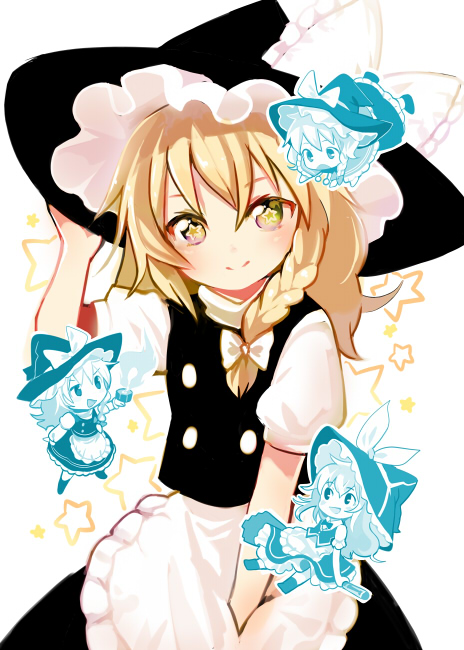 3girls, apron, black_dress, blonde_hair, bow, braid, broom, broom_riding