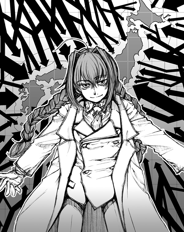 1girl, ahoge, arrow_(symbol), bad_id, bad_pixiv_id, braid, coat, cosplay, expressionless, female_focus, formal_clothes, gloves, greyscale, hair_between_eyes, hair_intakes, hellsing, japan, long_hair, long_sleeves, looking_at_viewer, lyrical_nanoha, mahou_shoujo_lyrical_nanoha, mahou_shoujo_lyrical_nanoha_a's, major_(hellsing), major_(hellsing)_(cosplay), map, monochrome, necktie, parody, petag2, solo, standing, suit, twin_braids, very_long_hair, vita_(nanoha), white_gloves, white_suit