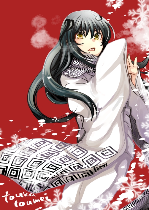 1girl, artist_name, black_hair, female_focus, japanese_clothes, long_hair, looking_at_viewer, nannnann