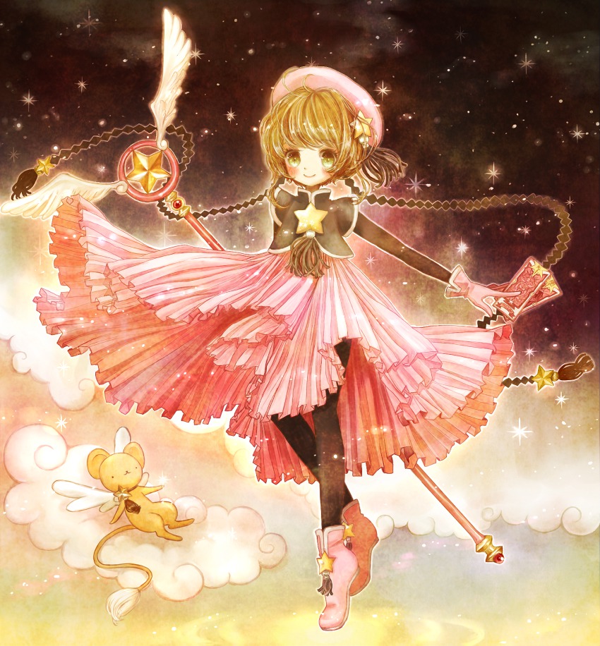 1990s_(style), 1girl, between_fingers, black_pantyhose, brown_hair, card, cardcaptor_sakura, clothes_lift