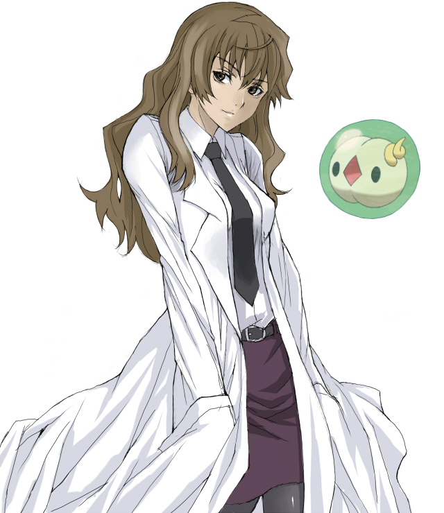 1girl, aim_burst, belt, black_belt, black_neckwear, breasts, brown_eyes, brown_hair, collared_shirt, cowboy_shot, crossover, feet_out_of_frame, gen_5_pokemon, hand_in_pocket, kiyama_harumi, lab_coat, lips, long_hair, looking_to_the_side, medium_breasts, necktie, nintendo, pantyhose, pencil_skirt, pokemon, pokemon_(creature), purple_skirt, shirt, shiwasu, simple_background, skirt, solosis, third-party_edit, toaru_kagaku_no_railgun, toaru_majutsu_no_index, white_background, white_shirt