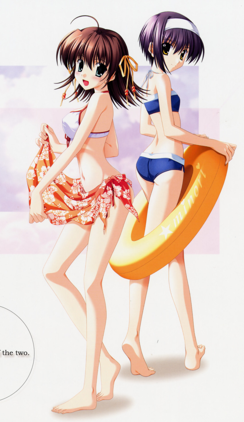 00s, 2girls, ahoge, barefoot, bikini, blush, brown_hair, ef_(visual_novel)