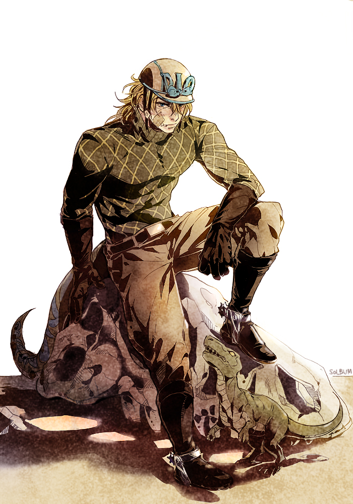 1boy, bandages, bandage_on_face, blonde_hair, boots, diego_brando, dinosaur, gloves