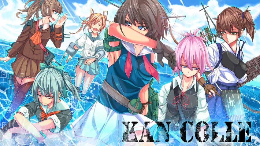 10s, 6+girls, abukuma_(kancolle), blonde_hair, blue_eyes, bow_(weapon), brown_hair, closed_eyes