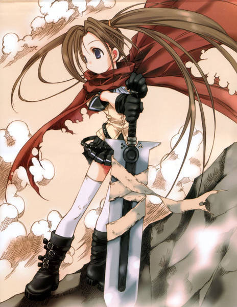 1girl, bandages, black_gloves, blue_eyes, boots, brown_hair, cloak, cloud
