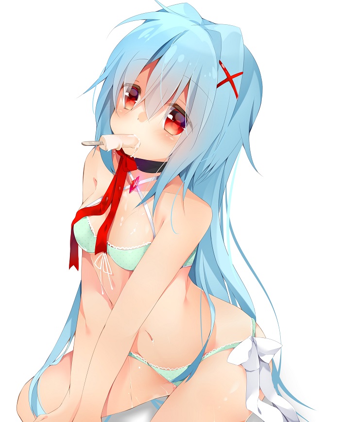 1girl, arm_support, bad_id, bad_nicoseiga_id, bare_shoulders, blue_hair, blush, bra